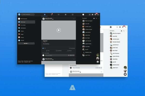 Desktop facebook feed template with dark mode