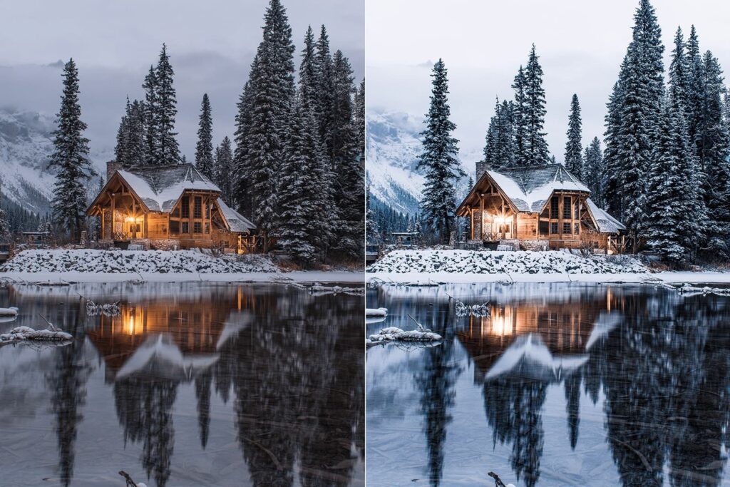 house in the forest with winter lightroom preset from anagram design
