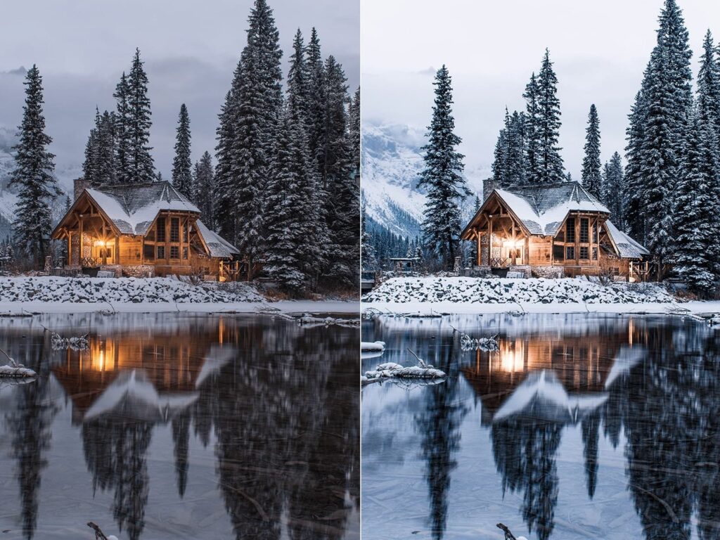 house in the forest with winter lightroom preset from anagram design