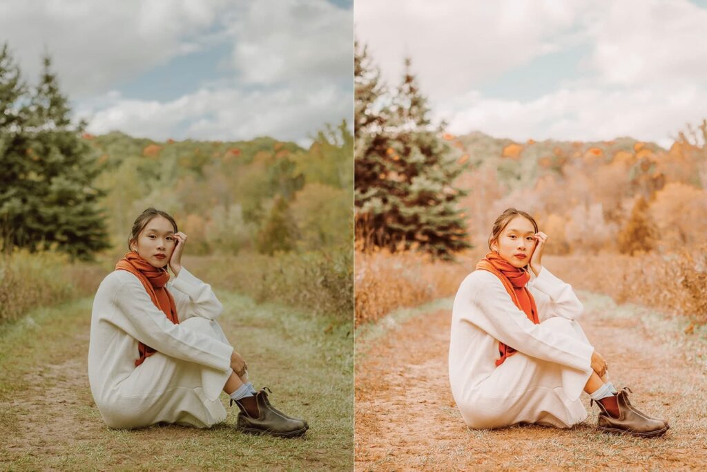 girl sit on the grass with Spring Lightroom preset