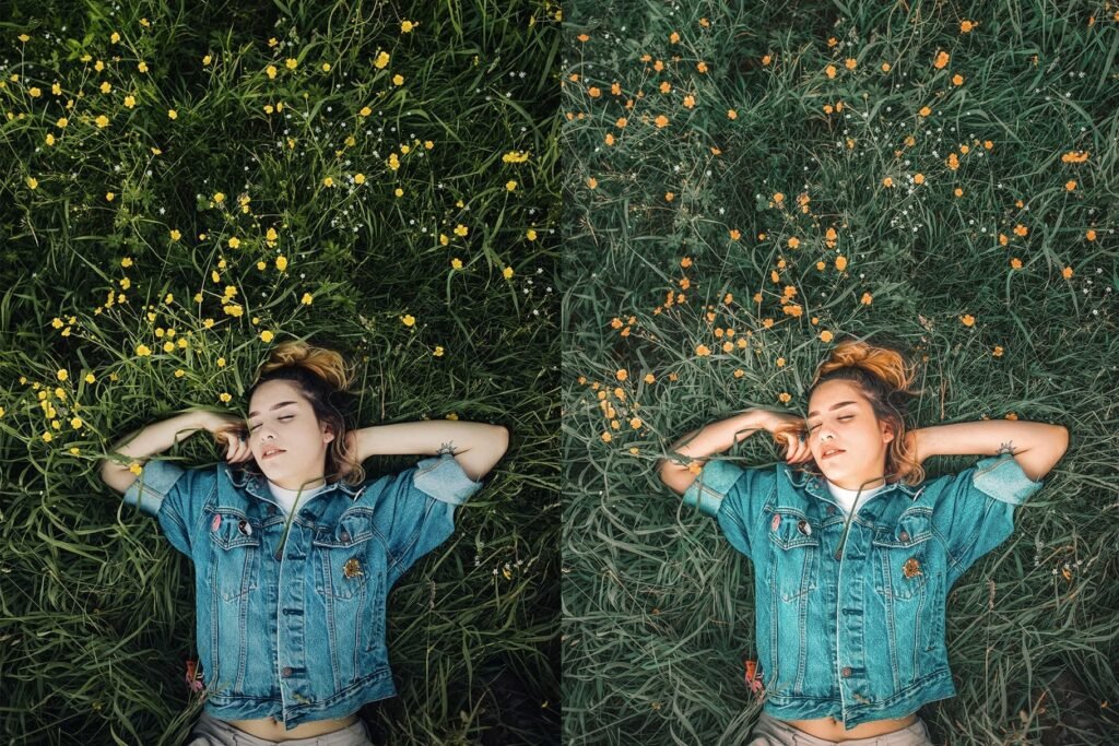 girl laying on the grass with Spring Lightroom preset