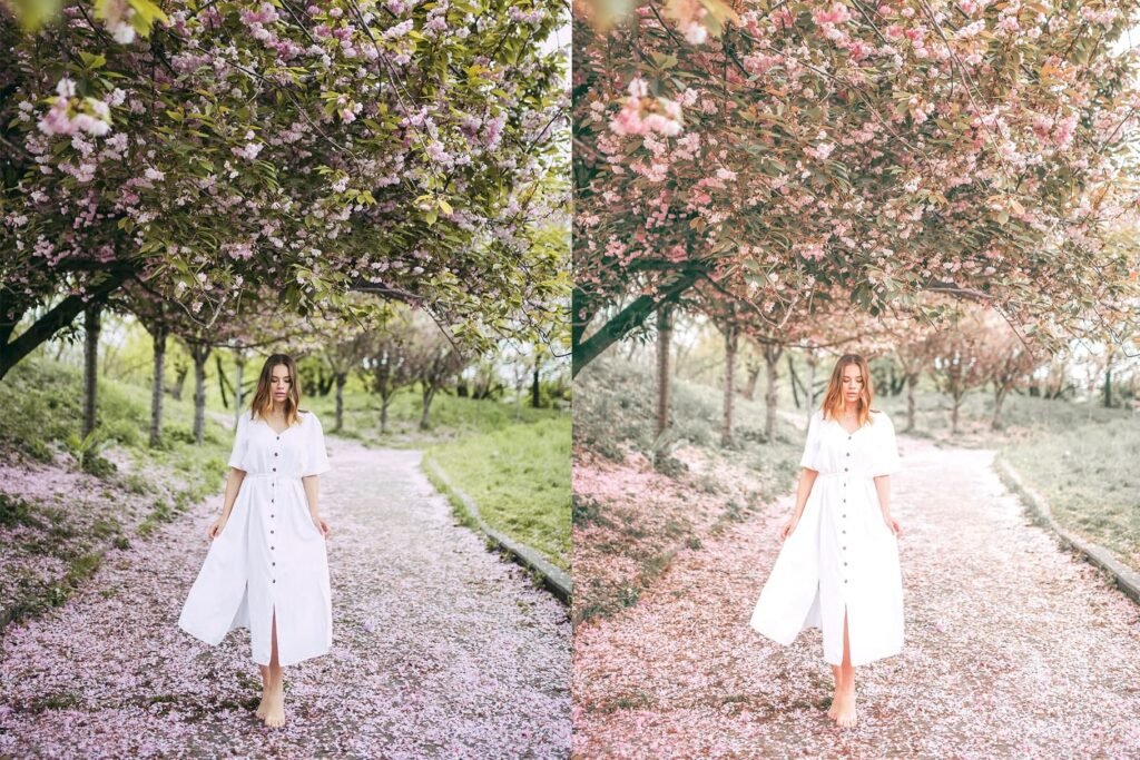 girls under flowers with Spring Lightroom preset