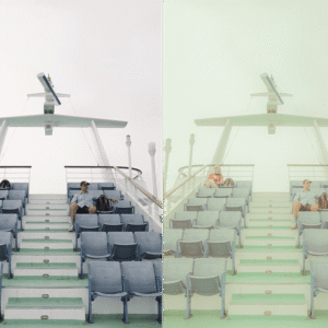 people sit on a boat with a Wes Anderson filter applied