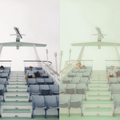 people sit on a boat with a Wes Anderson filter applied