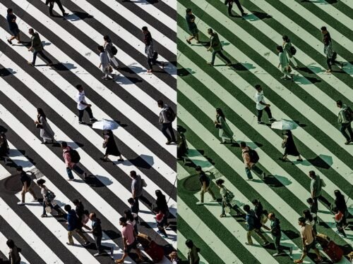 people walking on a crossing with a matrix filter
