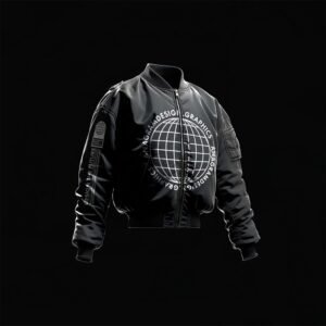 black Bombers jacket floating in the air, backlight