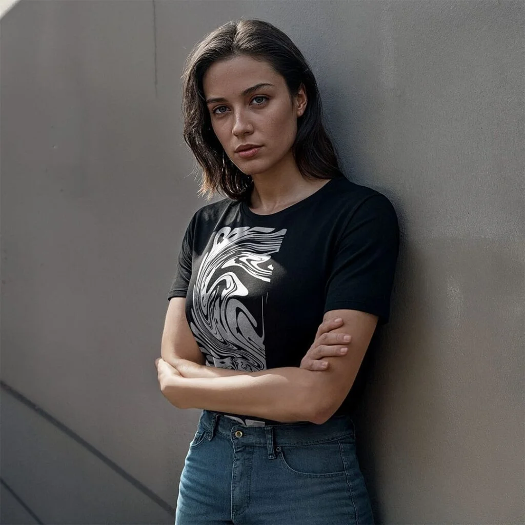 woman wearing a black t-shirt witt a concrete wall behind her, crossed arms