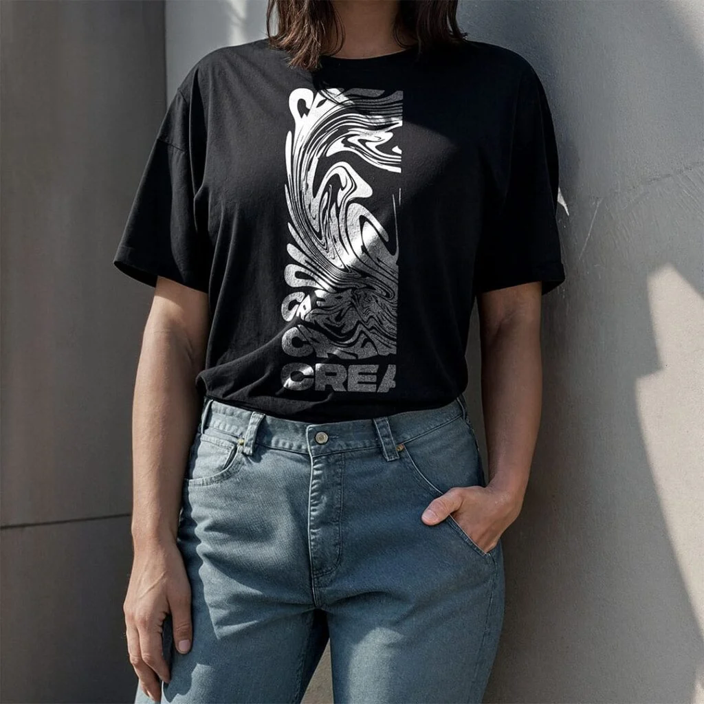 woman wearing a black t-shirt stand behind a concrete wall