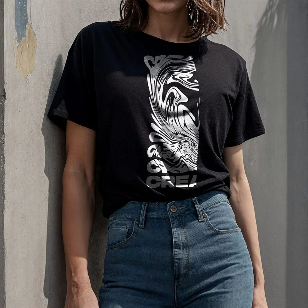 woman wearing a black t-shirt stand behind a concrete wall