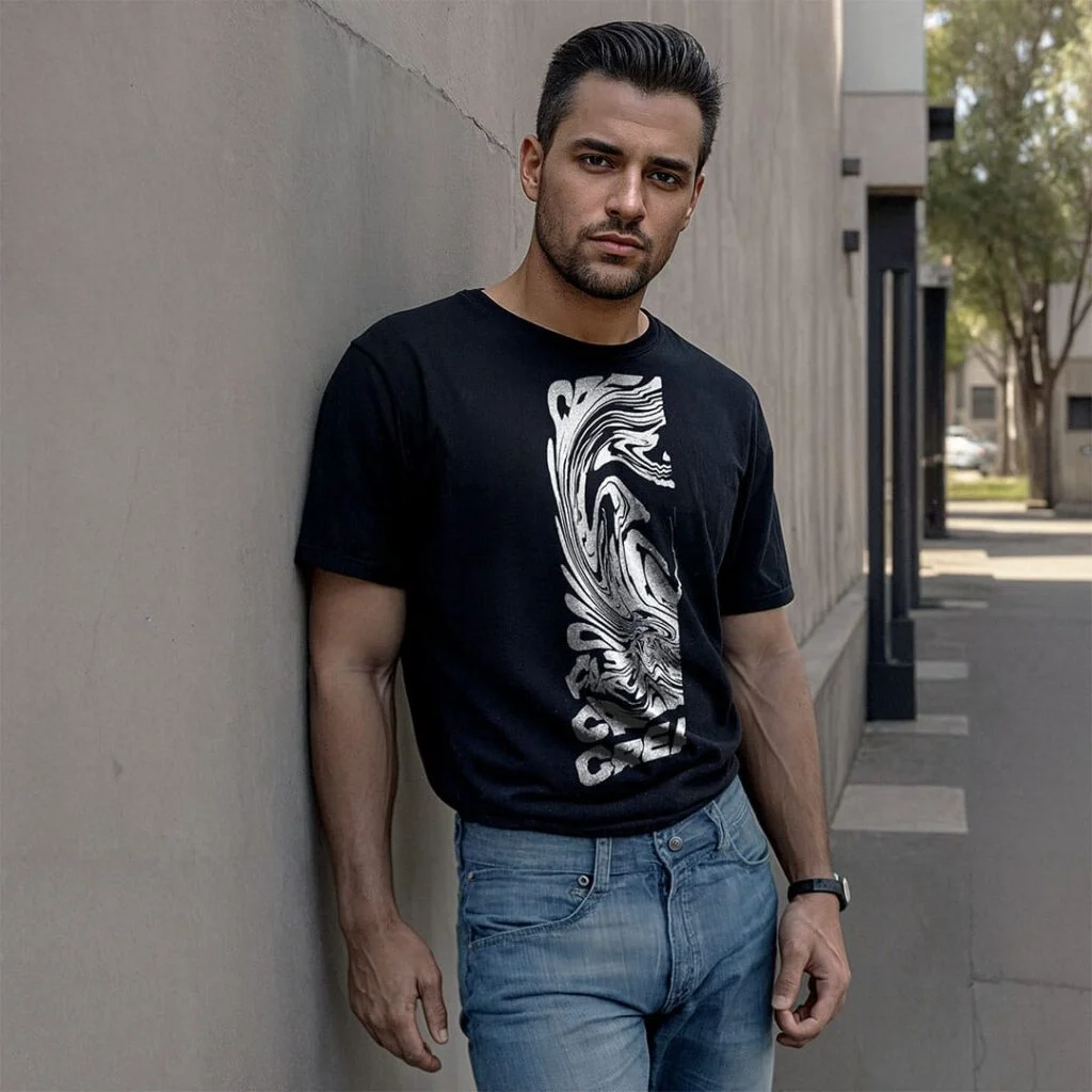 Man wearing a black t-shirt stand behind a concrete wall