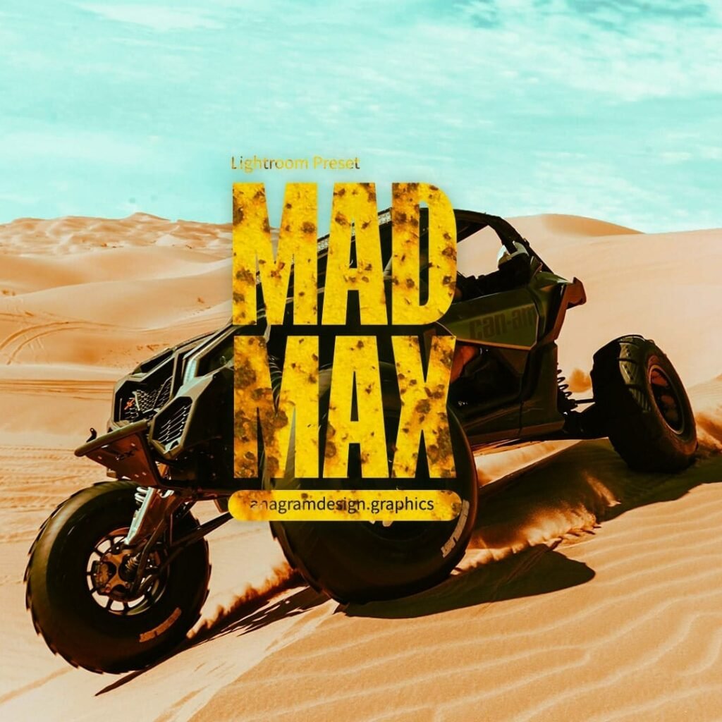 a buggy car in the desert with "Mad Max" font on it