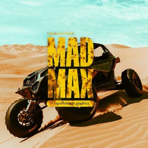 a buggy car in the desert with "Mad Max" font on it
