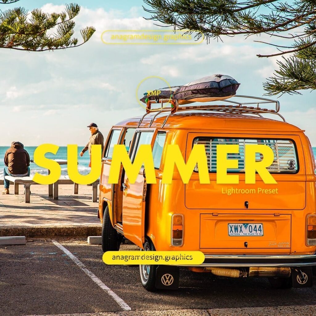 Van park in front of the ocean with a summer filter applied