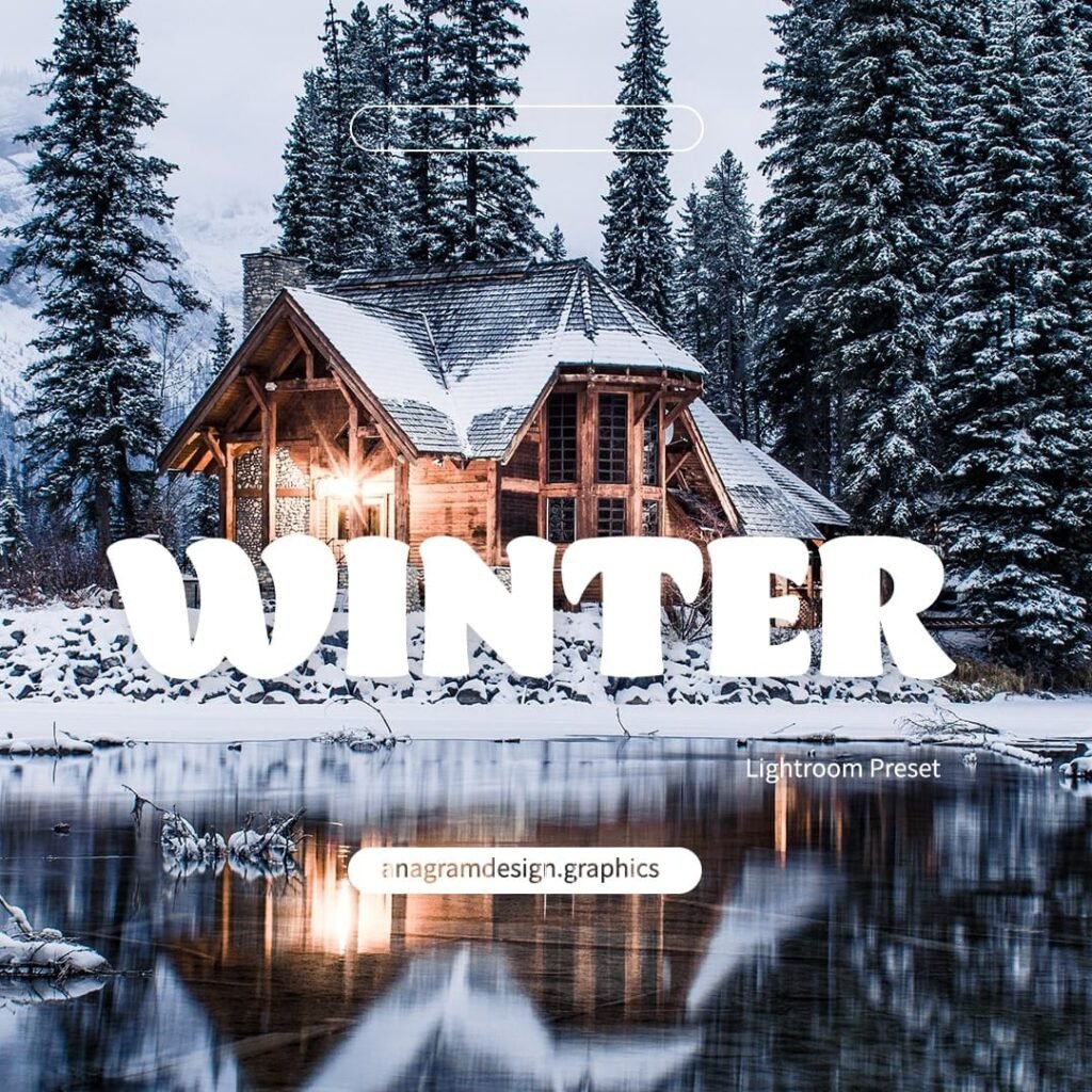 House in the snowy mountain near a lake, winter filter applied