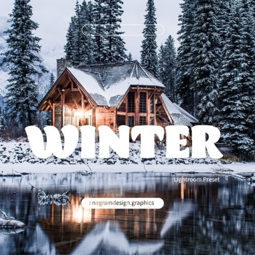 House in the snowy mountain near a lake, winter filter applied