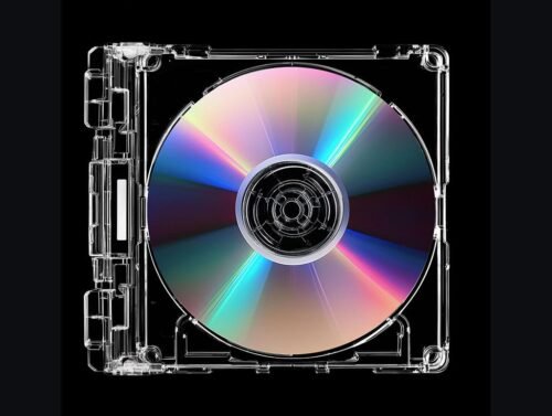 Clear CD Case Mockup with an irridescent compact disk inside, black background