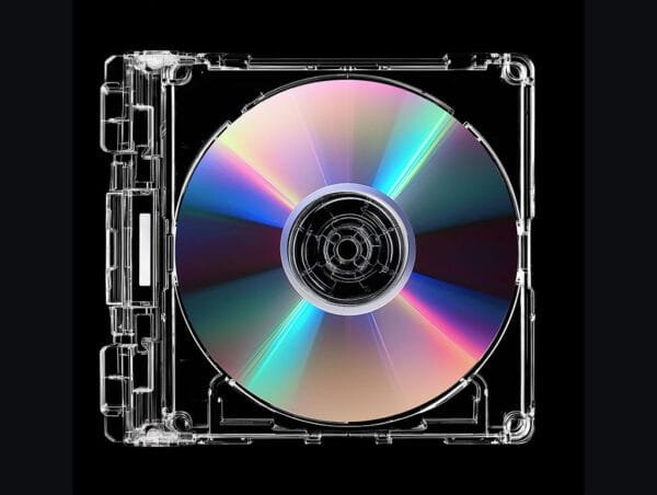 Clear CD Case Mockup with an irridescent compact disk inside, black background
