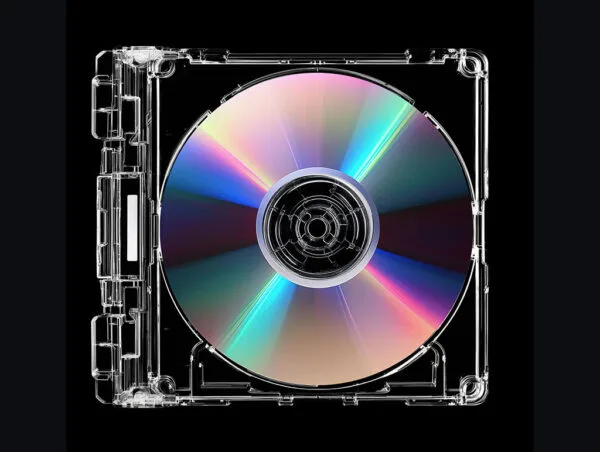 Clear CD Case Mockup with an irridescent compact disk inside, black background