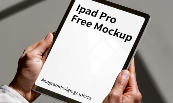 hands holding an iPad Pro mockup, blurry gray background