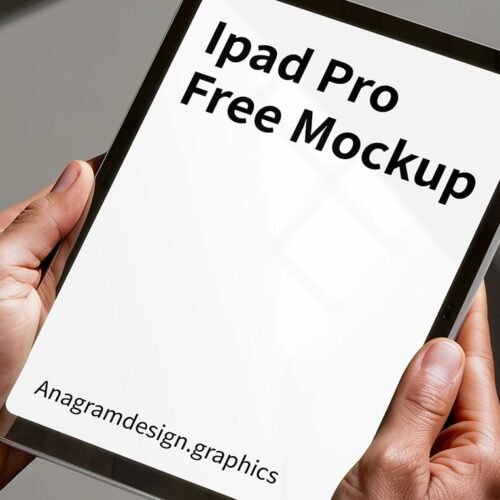 hands holding an iPad Pro mockup, blurry gray background