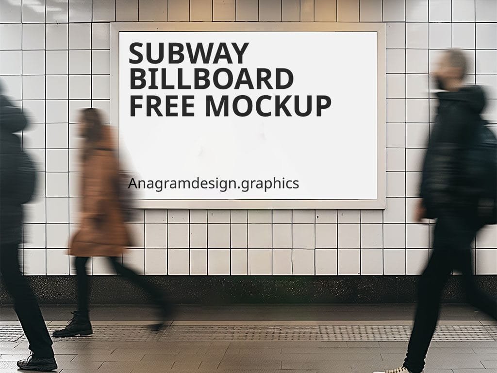 Advertisement billboard in a subway alley. blurry people