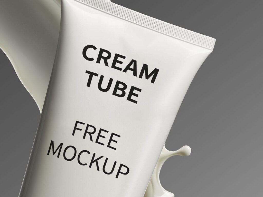Close up on a cream tube Mockup on a gray background floating in the air