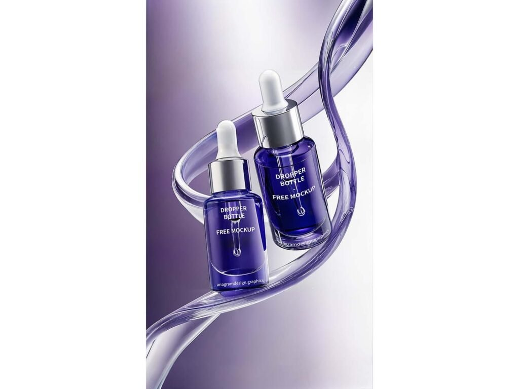 Dropper bottle free Mockup, beauty, cosmetic and elegant blue tones, liquid spining around