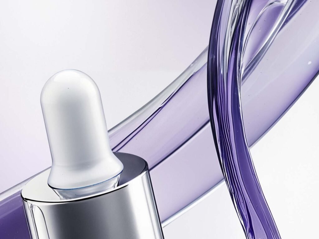 dropper bottle free Mockup, beauty, cosmetic and elegant blue tones, liquid spining around