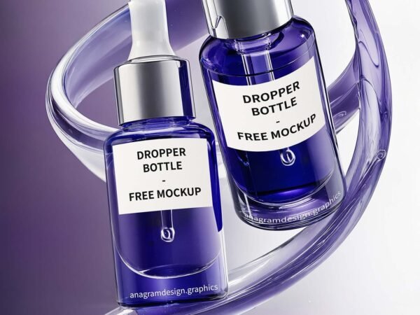 Dropper bottle free Mockup, beauty, cosmetic and elegant blue tones, liquid spining around