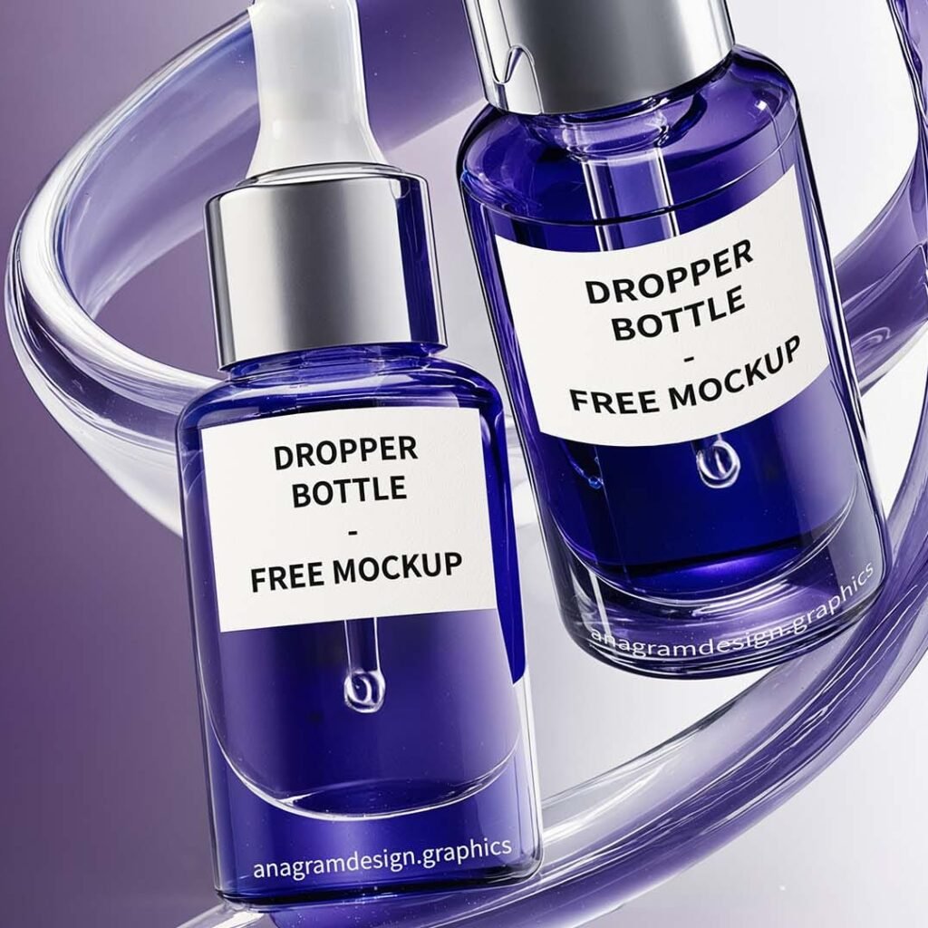 Dropper bottle free Mockup, beauty, cosmetic and elegant blue tones, liquid spining around