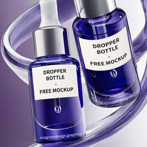 Dropper bottle free Mockup, beauty, cosmetic and elegant blue tones, liquid spining around