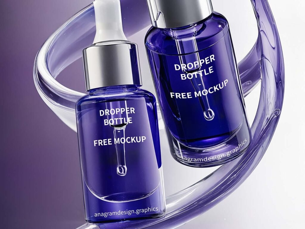 Dropper bottle free Mockup, beauty, cosmetic and elegant blue tones, liquid spining around