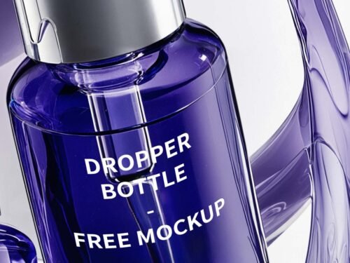 Dropper bottle free Mockup, beauty, cosmetic and elegant blue tones, liquid spining around