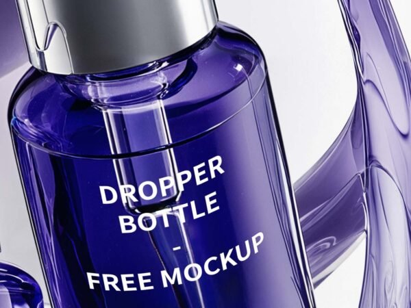 Dropper bottle free Mockup, beauty, cosmetic and elegant blue tones, liquid spining around