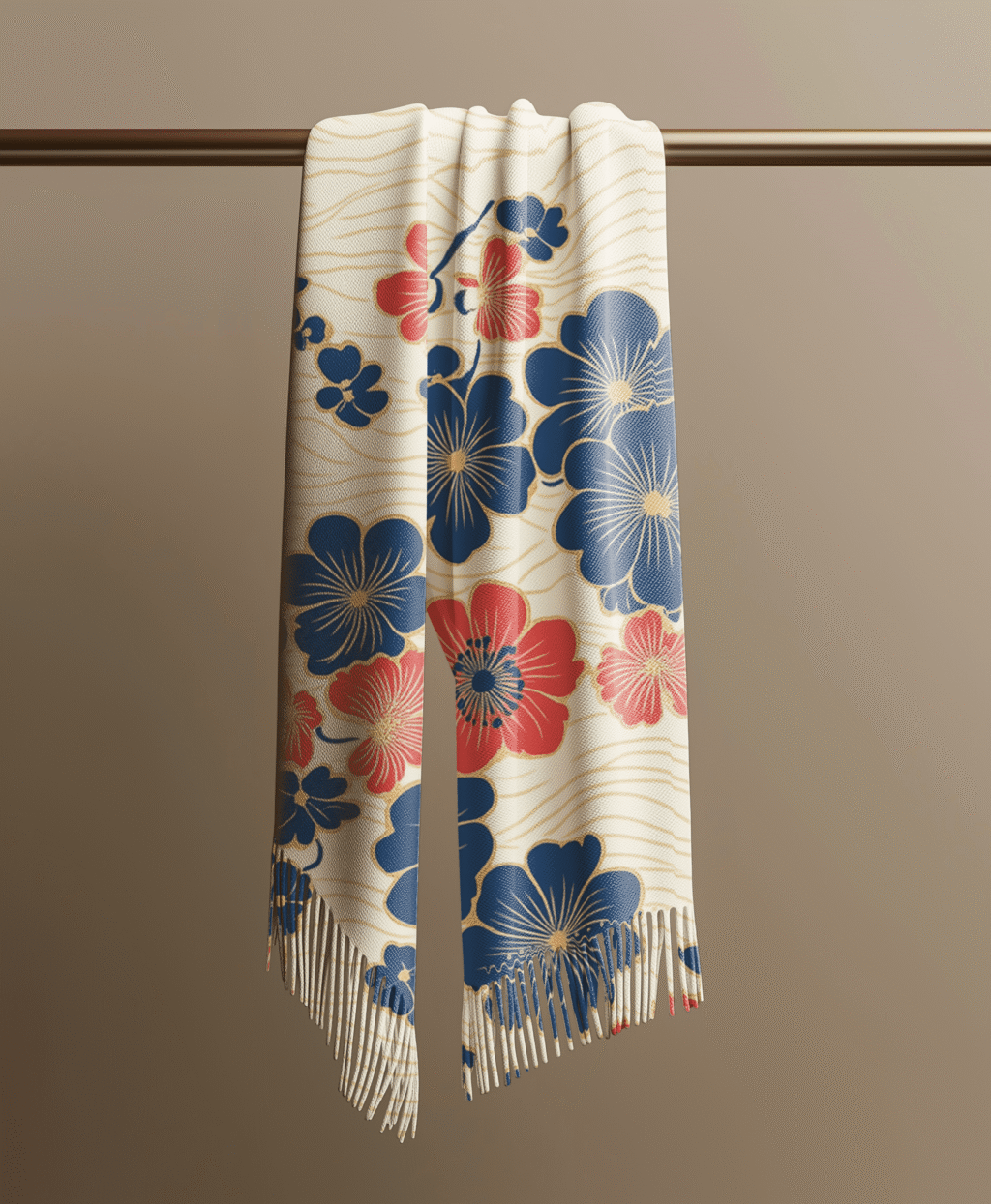 Scarf mockup with a flower patter hung on a metallic pole