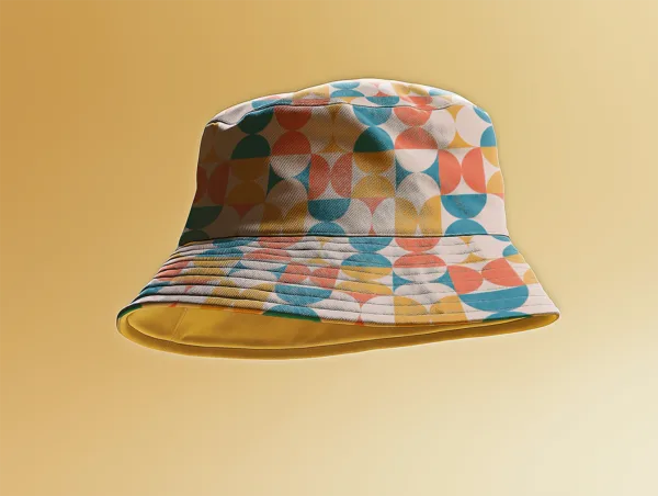 floating bucket hat with a pattern on a yellow background