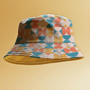floating bucket hat with a pattern on a yellow background