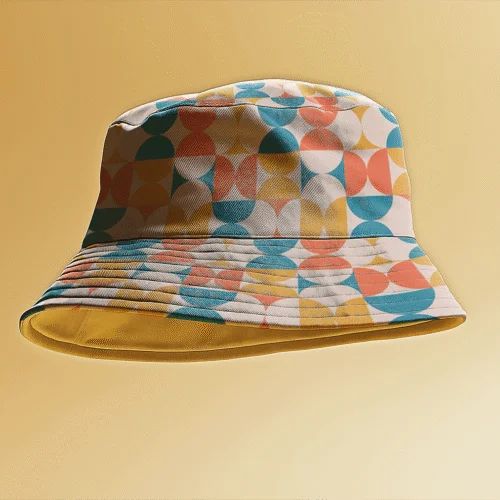 floating bucket hat with a pattern on a yellow background