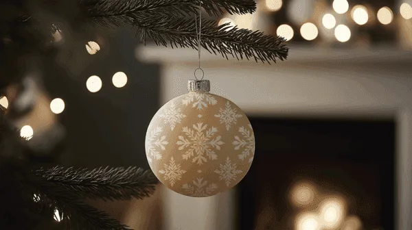 Christmas ball on a Christmas tree, fire place living room in the background, free mockup