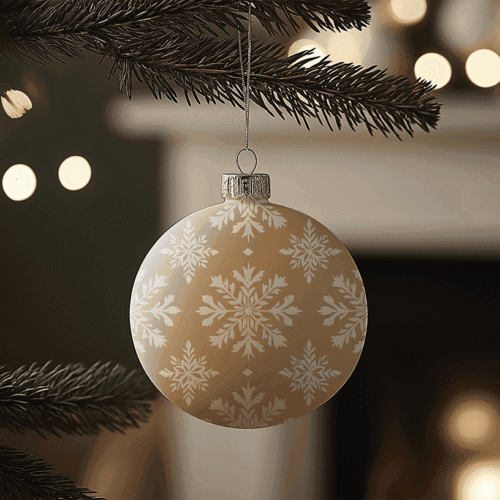Christmas ball on a Christmas tree, fire place living room in the background, free mockup