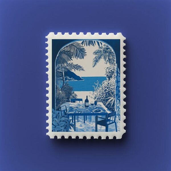 stamp mockup with a blue mediterranean illustration