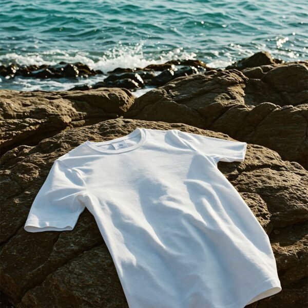 Blank t-shirt mockup on seaside rock