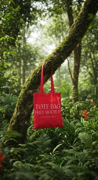 free Tote bag mockup on a Tree branch in the jungle