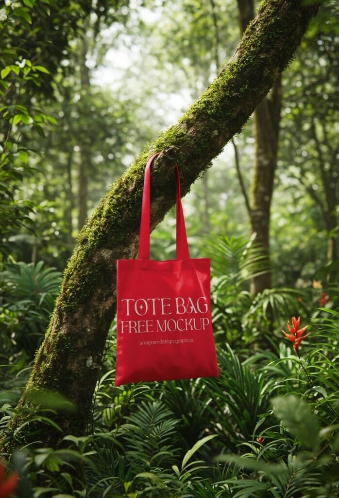 free Tote bag mockup on a Tree branch in the jungle