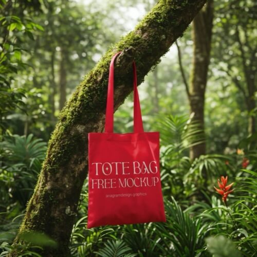 free Tote bag mockup on a Tree branch in the jungle