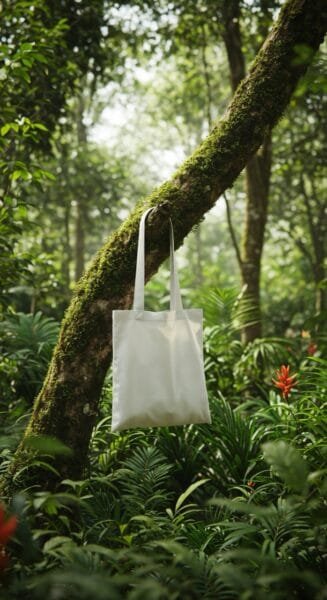 free Tote bag mockup on a Tree branch in the jungle