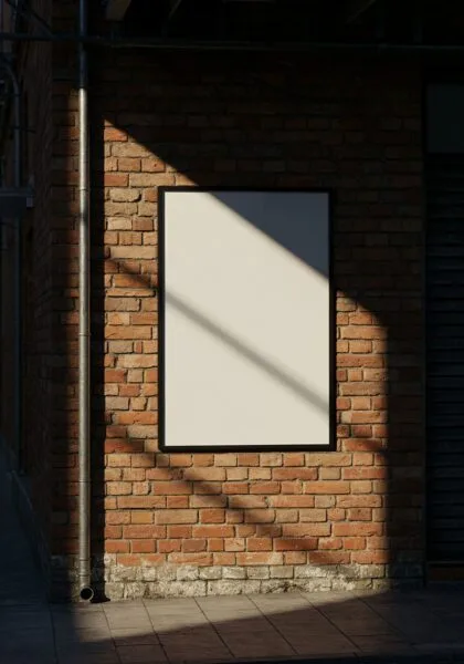 Poster on a brick wall, sunlight shadows