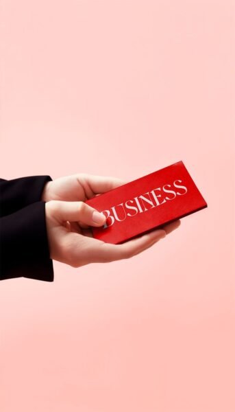 Hands holding a business card, pink background