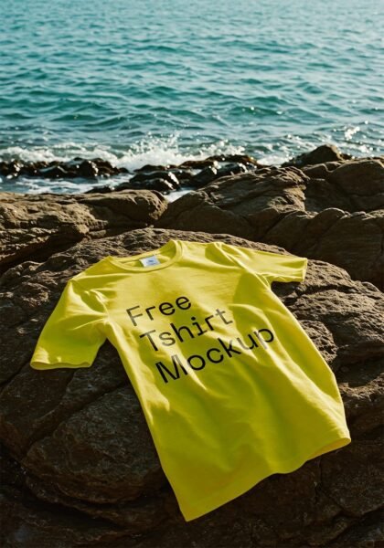 Yellow t-shirt mockup on seaside rock