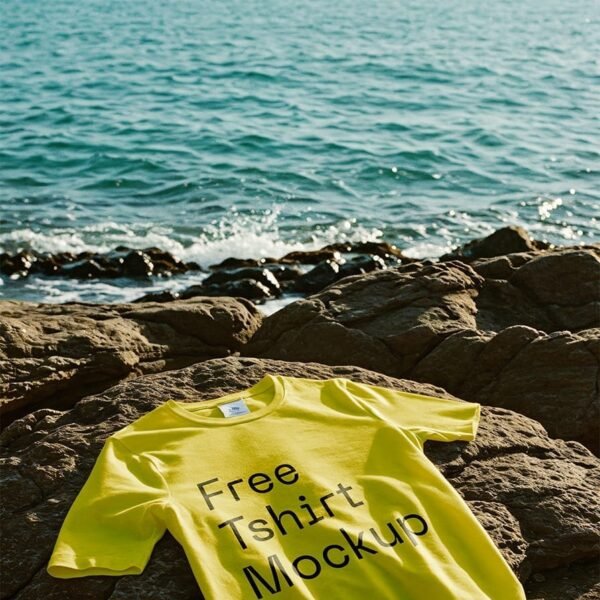 Yellow t-shirt mockup on seaside rock